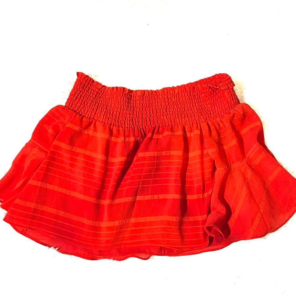 Bebe Red Smocked Mini‎ Skirt Shadow Stripe Ruffle Tiered Small